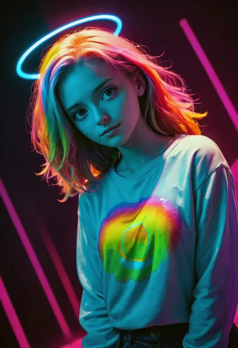 multicolored portrait of nubile 18 years old woman, Montserratian, infrared photography, casual, streamlined, creative vibrancy, halo, :/,