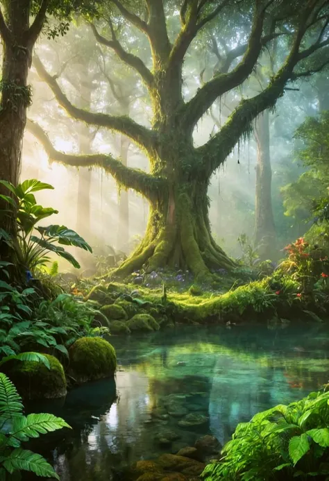 photograph of an enchanted forest, sunset, misty mornings, crystal clear water, lush green vegetation, majestic trees towering above, fauna and flora teeming with life, magical creatures roaming about, a fairy tale come to life., (&:0)