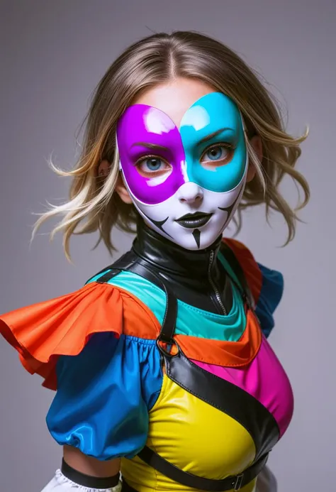 young woman wearing a colorful mask, vortex, ebullient, white balance tungsten, capricious, colorful outfit, intimate,
<lora:add-detail-xl:1>