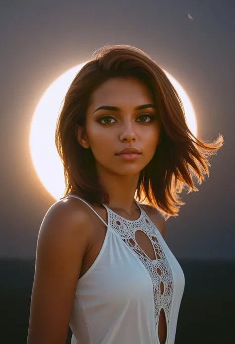 atmospheric portrait of young woman posing in front of total solar eclipse, brown skin, auburn medium hair, double exposure photography, solar corona,