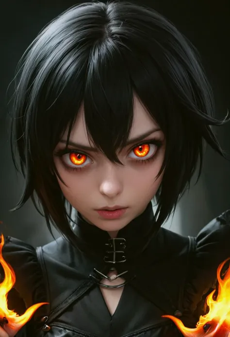 emo girl, flame shaped pupils, dark portrait, sexy,