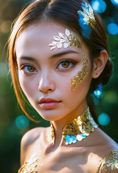 glittering portrait of resplendent 18 years old woman, Lao, double exposure photography, glamour, bony, cultural identity, divine, :|,