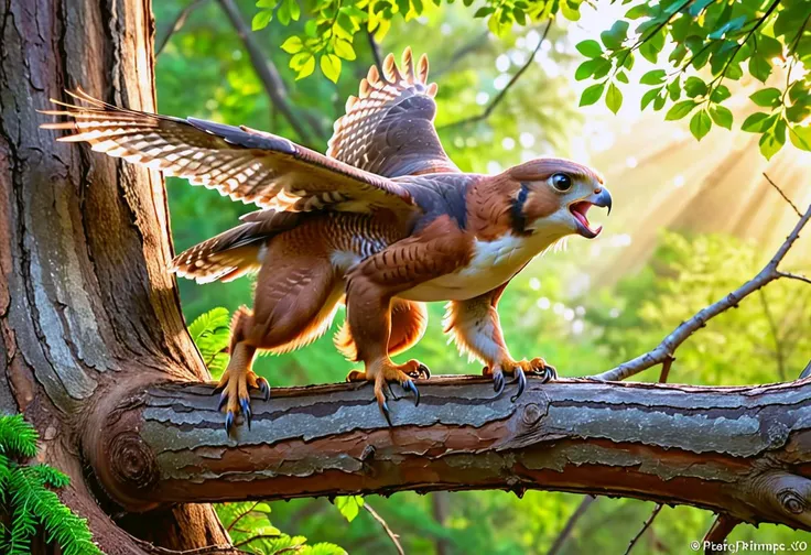 (tessellation:1.1), As the sun rises over the forest, a Red-tailed Hawk perches patiently on a branch, its piercing gaze scanning the ground below for its next meal. Suddenly, a quick movement catches its eye - a plump squirrel darts out from a nearby tree, its bushy tail flicking back and forth as it scurries up the trunk. The hawk's eyes lock onto its prey, and with lightning-fast reflexes, it spreads its wings and takes to the sky. In a flash, it swoops down, talons outstretched, and grasps for the squirrel as it clings to a thin branch. The squirrel's tiny paws dig into the bark, its beady eyes wide with fear as the hawk's sharp talons close in. (
intense hunt, fierce expression, sharp talons, grasping, terrified squirrel, thin branch, piercing gaze, lightning-fast reflexes, plump prey, bushy tail, quick movement, morning sun, forest scene, raptor, predator, prey, action shot, close-up, wildlife photography.), 8k,4k, uhd, High definition, detailed, realistic, vivid, lifelike, intricate, ornate, elaborate, luxurious, radiant, luminous, shimmering, glittering, sparkling, soft focus, warm lighting, dramatic shadows, intense colors, pastel hues, whimsical, mystical, ethereal, dreamy, romantic, sensual, alluring, seductive, mysterious, captivating, enchanting, iphone wallpaper, perfect lighting, (( bright, vibrant, dynamic, hyper-realistic, vivid colors, intricate details, realistic style, oil paintings, acrylic paintings, watercolor paintings, digital illustrations, mixed media pieces ))