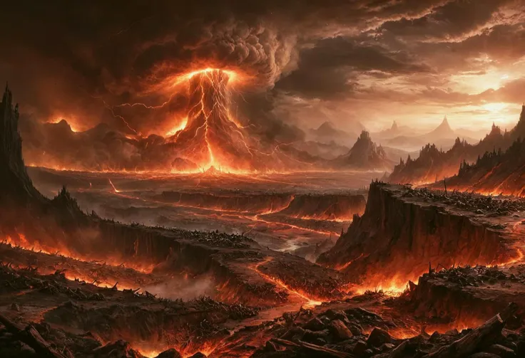 In this vividly rendered epic hellish landscape, one can't help but be struck by its intense and impressive qualities. The swirling vortex of chaos that engulfs the terrain is a testament to the artist's ability to conjure war-torn landscapes with stunning detail. As the eye roams over the expanse of destruction and carnage, it becomes clear that this is not just any landscape - it is one forged in the fires of war itself.