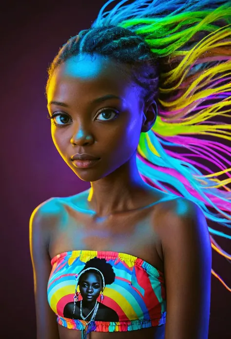 colorful portrait of flashy 19 years old woman, Ugandan, multiple exposure photography, promotional, stringy, shared history, auric, :/,