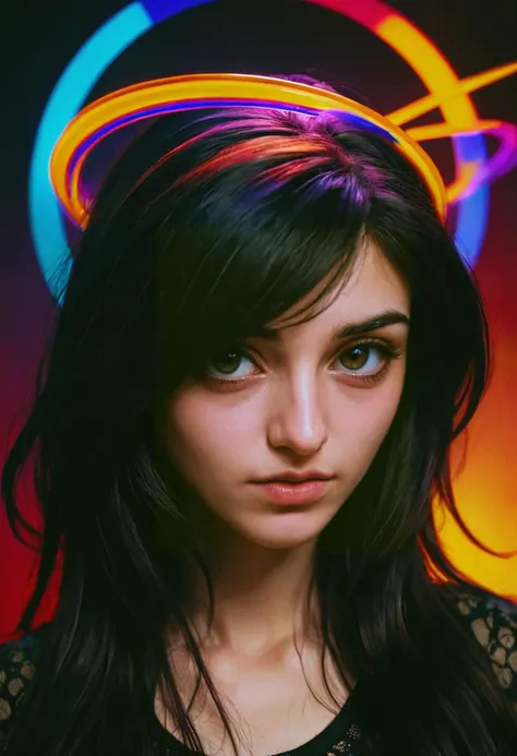 polychromatic portrait of seductive 20 years old woman, Armenian, chromogenic prints, headshot, lithe, creative vibrancy, halo, sadness,