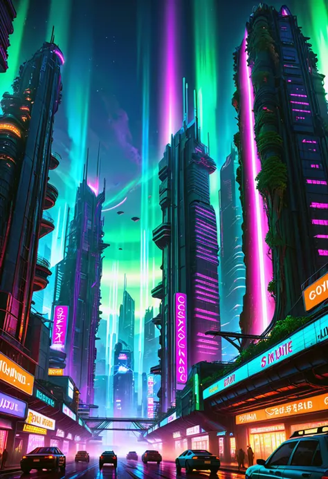 (((high-tech, futuristic, sci-fi, cyberpunk, vaporwave, neon-noir, dystopian chic, cinematic, highly detailed, realistic, artistic, stylized, atmospheric)), cyberpunk cityscape, futuristic metropolis, neon-drenched skyscrapers, hovering cars, giant holographic projections, forest overlook, bioluminescent plants, glowing mushrooms, futuristic treehouses, dusk, god rays, light pillars, aurora-like glow, warm lighting, long shadows, technological wonder)