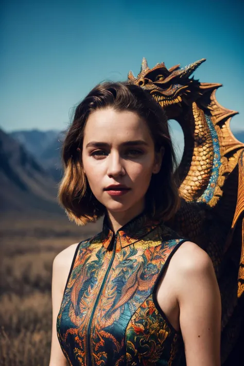 A stunning intricate full color up close portrait of eck , wearing a dragon pattern dress, epic character composition, by ilya kuvshinov, alessio albi, nina masic, sharp focus, natural lighting, subsurface scattering, f2, 35mm,<lyco:EmiliaClarke-RealVision-V1.0:1.0>