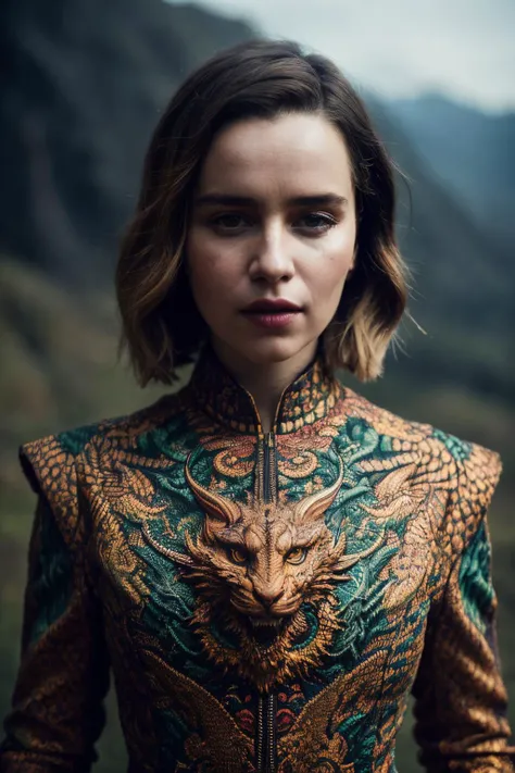 A stunning intricate full color up close portrait of eck , wearing a dragon pattern dress, epic character composition, by ilya kuvshinov, alessio albi, nina masic, sharp focus, natural lighting, subsurface scattering, f2, 35mm,<lyco:EmiliaClarke-RealVision-V1.0:1.0>