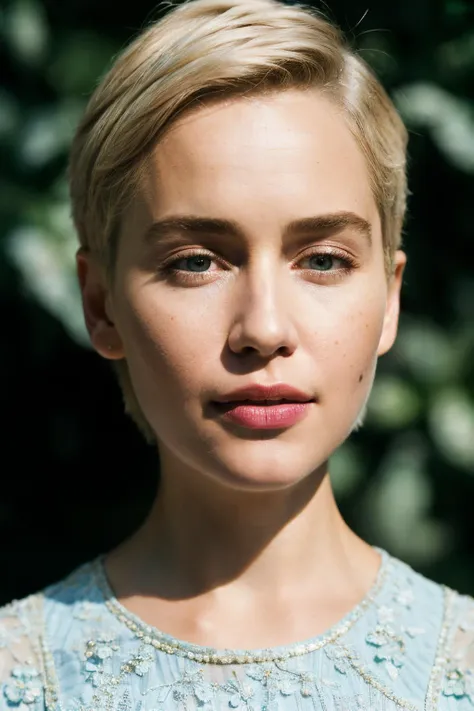 photoshoot of eck, (blonde hair), (short haircut) , detailed skin texture, (blush:0.2), (goosebumps:0.3), (light blue dress), subsurface scattering, Photorealistic, Hyperrealistic, Hyperdetailed, analog style, hip cocked, demure, detailed skin, matte skin, soft lighting, subsurface scattering, realistic, heavy shadow, masterpiece, best quality, ultra realistic, 8k, golden ratio, Intricate, High Detail, film photography, soft focus, <lyco:EmiliaClarke-RealVision-V1.0:1.0>