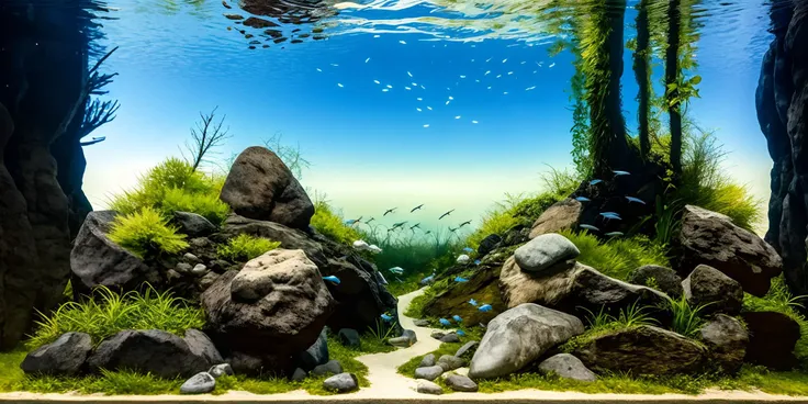 Glass frame, underwater, ripples on the water surface, reflection on the water surface, landscape, nature, sunlight, (small fish schools:1.4), stacked layers, (stones:1.2),( interlaced roots:1), <lora:underwaterlandscape1:0.7>