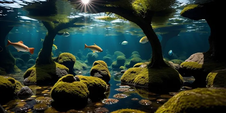 Glass frame,underwater,ripples on the water surface,reflection on the water surface,landscape,nature,sunlight,(small fish schools:1.4),stacked layers,(stones:1.2),( interlaced roots:1),<lora:underwaterlandscape1:0.8>,<lora:hong_20230807014140:0.6>,<lora:bonsai2:0.6>,