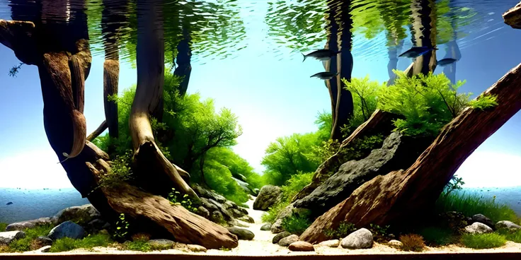 Glass frame, underwater, ripples on the water surface, reflection on the water surface, landscape, nature, sunlight, (small fish schools:1.4), stacked layers, (stones:1.2),( interlaced roots:1), <lora:underwaterlandscape1:0.7>