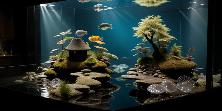 Glass frame,underwater,ripples on the water surface,reflection on the water surface,landscape,nature,sunlight,(small fish schools:1.4),stacked layers,(stones:1.2),( interlaced roots:1),<lora:underwaterlandscape1:0.8>,<lora:hong_20230807014140:0.6>,<lora:bonsai2:0.6>,
