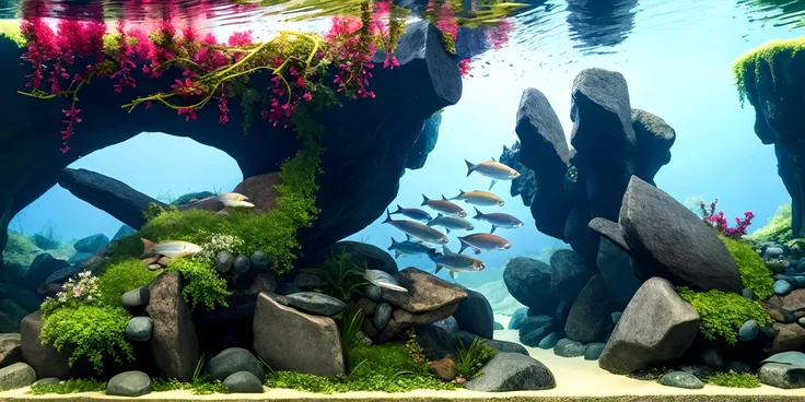 Glass frame, underwater, ripples on the water surface, reflection on the water surface, landscape, nature, sunlight, (small fish schools:1.4), stacked layers, (stones:1.2),( interlaced roots:1), <lora:underwaterlandscape1:0.7>