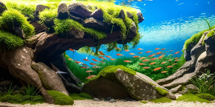 Glass frame, underwater, ripples on the water surface, reflection on the water surface, landscape, nature, sunlight, (small fish schools:1.4), stacked layers, (stones:1.2),( interlaced roots:1), <lora:underwaterlandscape1:0.7>