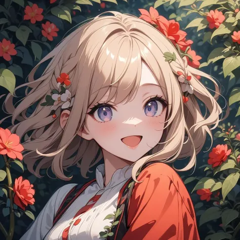 1girl, beautiful smile, open mouth, abstract, flowers, leaves, vines, masterpiece, best quality, very aesthetic, absurdres, newest, intricate details, ai generated, intricate