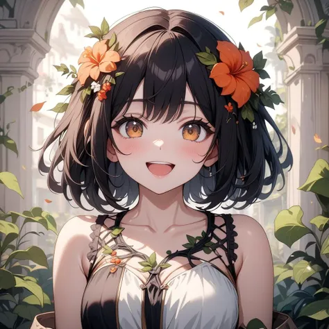 1girl, beautiful smile, open mouth, abstract, flowers, leaves, vines, masterpiece, best quality, very aesthetic, absurdres, newest, intricate details, ai generated, intricate