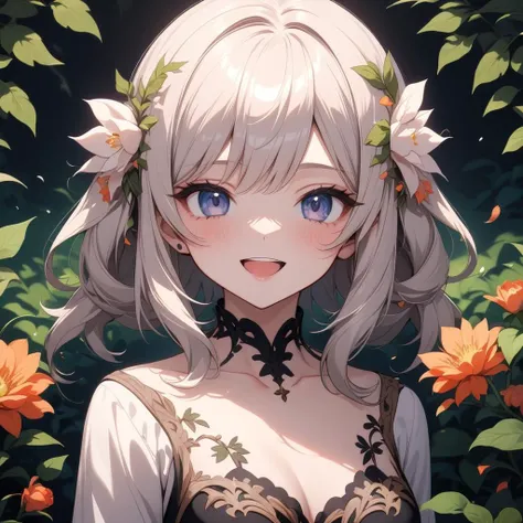 1girl, beautiful smile, open mouth, abstract, flowers, leaves, vines, masterpiece, best quality, very aesthetic, absurdres, newest, intricate details, ai generated, intricate