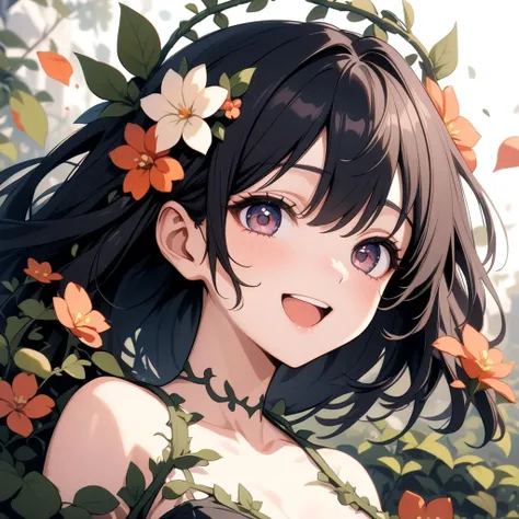 1girl, beautiful smile, open mouth, abstract, flowers, leaves, vines, masterpiece, best quality, very aesthetic, absurdres, newest, intricate details, ai generated, intricate