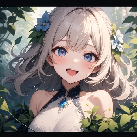 1girl, beautiful smile, open mouth, abstract, flowers, leaves, vines, masterpiece, best quality, very aesthetic, absurdres, newest, intricate details, ai generated, intricate