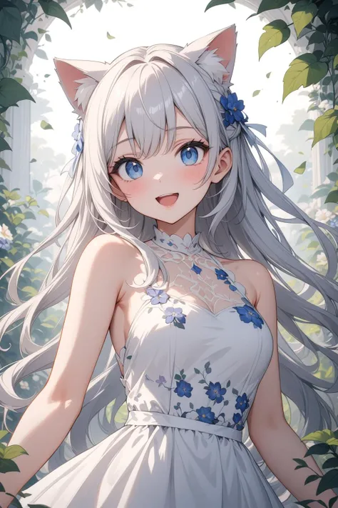 1girl, silver hair, blue eyes, cat ears, long hair, white dress, floral print, beautiful smile, open mouth, abstract, flowers, leaves, vines, masterpiece, best quality, very aesthetic, absurdres, newest, intricate details, ai generated, intricate