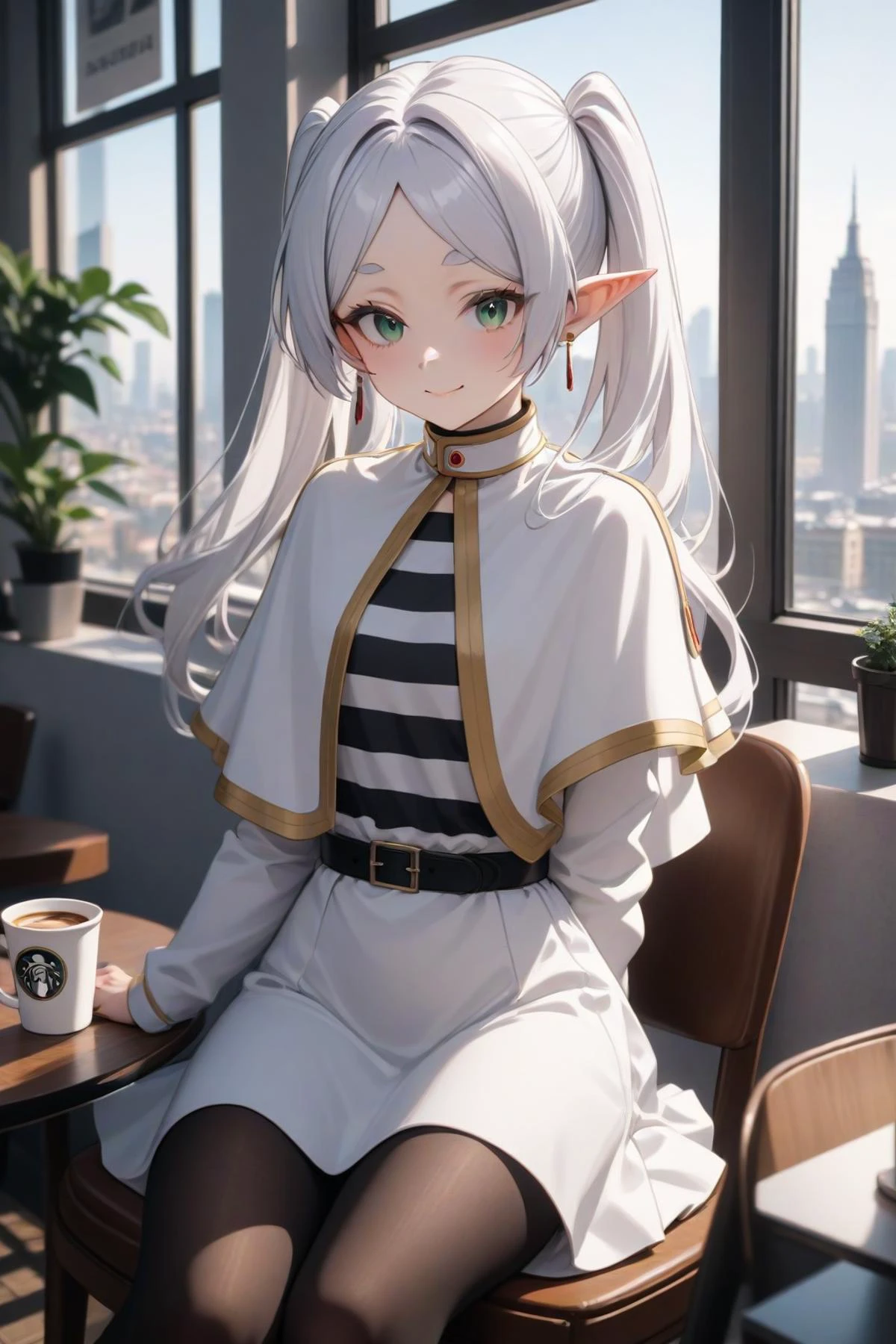 1girl, frieren, beautiful smile, green eyes, white hair, long hair, twintails, earrings, white capelet, striped shirt, long sleeves, belt, white skirt, black pantyhose, cityscape, modern city, inside cafe, window, sitting on chair, drinking coffee, masterpiece, best quality, very aesthetic, absurdres, newest, intricate details, intricate, ai generated, <lora:frieren_xl_2:1>