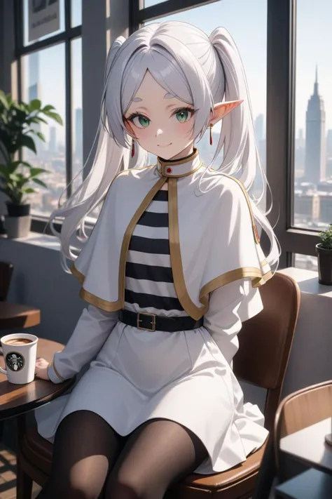 1girl, frieren, beautiful smile, green eyes, white hair, long hair, twintails, earrings, white capelet, striped shirt, long sleeves, belt, white skirt, black pantyhose, cityscape, modern city, inside cafe, window, sitting on chair, drinking coffee, masterpiece, best quality, very aesthetic, absurdres, newest, intricate details, intricate, ai generated,  <lora:frieren_xl_2:1>