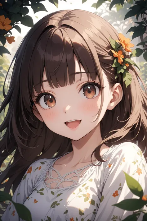1girl, dark brown eyes, brown hair, long hair, blunt bangs, hime cut, small breast, white dress, floral print, beautiful smile, open mouth, abstract, flowers, leaves, vines, masterpiece, best quality, very aesthetic, absurdres, newest, intricate details, ai generated, intricate