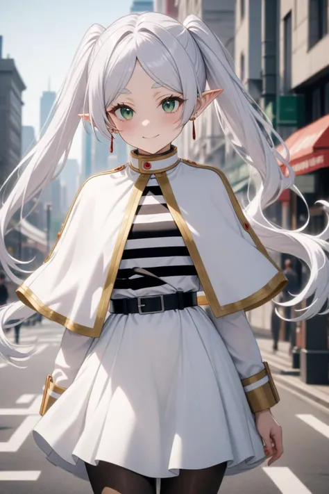 1girl, frieren, beautiful smile, green eyes, white hair, long hair, twintails, earrings, white capelet, striped shirt, long sleeves, belt, white skirt, black pantyhose, cityscape, modern city, street, looking at the viewer, masterpiece, best quality, very aesthetic, absurdres, newest, intricate details, intricate, ai generated, <lora:frieren_xl_2:1>