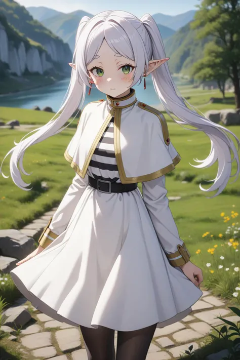 1girl, frieren, owoface, green eyes, white hair, long hair, twintails, earrings, white capelet, striped shirt, long sleeves, belt, white skirt, black pantyhose, landscape, looking at the viewer, masterpiece, best quality, very aesthetic, absurdres, newest, intricate details, intricate, ai generated, <lora:frieren_xl_2:1>