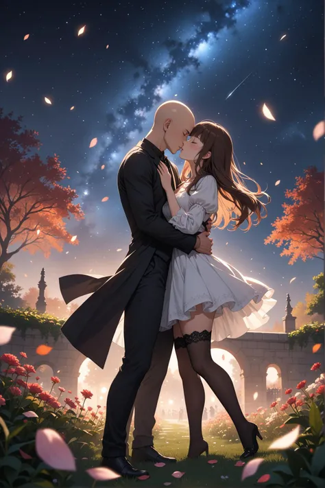 1girl, 1boy, couple, hetero, (girl: brown hair, closed eyes, long hair, blunt bangs, hime cut, small breast, dress with puffy sleeves, black lace thighhighs), (boy: bald, closed eyes, masculine face, toned body, black waistcoat, black blazer, black trousers), scenery, garden, floating petals, night, starry sky, nebula, meteor shower, french kiss, hugging, masterpiece, best quality, very aesthetic, absurdres, newest, intricate details, ai generated, intricate