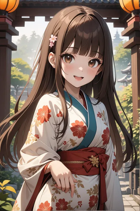 1girl, dark brown eyes, brown hair, blunt bangs, long hair, small breast, kimono, pose, contrapposto, beautiful smile, open mouth, garden, looking at the viewer, masterpiece, best quality, very aesthetic, absurdres, newest, intricate details, intricate, ai generated