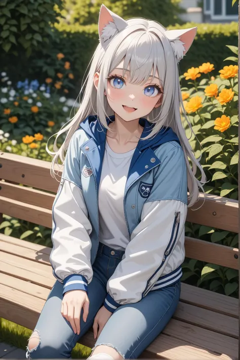 1girl, pale blue eyes, silver hair, cat ears, long hair, small breast, jacket, jeans, sneakers, sitting, on a bench, beautiful smile, open mouth, garden, looking at the viewer, masterpiece, best quality, very aesthetic, absurdres, newest, intricate details, intricate, ai generated
