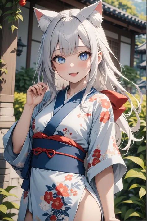 1girl, pale blue eyes, silver hair, cat ears, long hair, small breast, kimono, pose, contrapposto, beautiful smile, open mouth, garden, looking at the viewer, masterpiece, best quality, very aesthetic, absurdres, newest, intricate details, intricate, ai generated