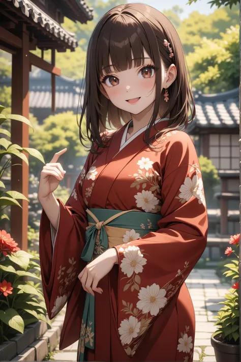 1girl, dark brown eyes, brown hair, blunt bangs, long hair, small breast, kimono, pose, contrapposto, beautiful smile, open mouth, garden, looking at the viewer, masterpiece, best quality, very aesthetic, absurdres, newest, intricate details, intricate, ai generated