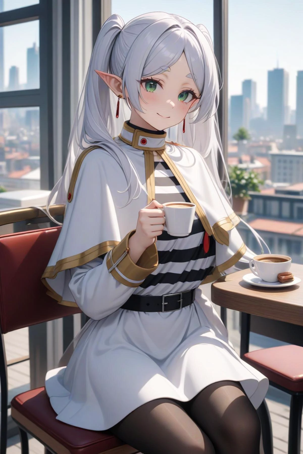 1girl, frieren, beautiful smile, green eyes, white hair, long hair, twintails, earrings, white capelet, striped shirt, long sleeves, belt, white skirt, black pantyhose, cityscape, modern city, inside cafe, window, sitting on chair, drinking coffee, masterpiece, best quality, very aesthetic, absurdres, newest, intricate details, intricate, ai generated, <lora:frieren_xl_2:1>