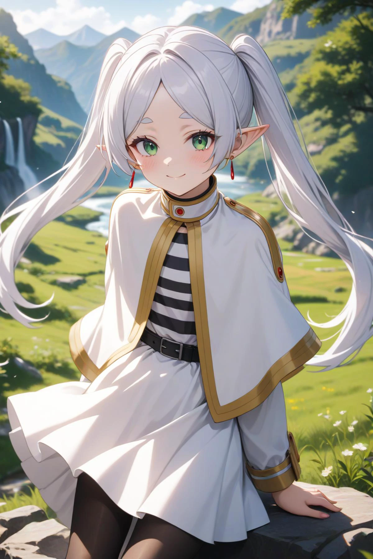 1girl, frieren, beautiful smile, green eyes, white hair, long hair, twintails, earrings, white capelet, striped shirt, long sleeves, belt, white skirt, black pantyhose, landscape, looking at the viewer, masterpiece, best quality, very aesthetic, absurdres, newest, intricate details, intricate, ai generated, <lora:frieren_xl_2:1>