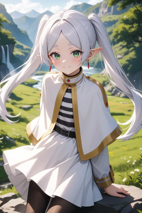 1girl, frieren, beautiful smile, green eyes, white hair, long hair, twintails, earrings, white capelet, striped shirt, long sleeves, belt, white skirt, black pantyhose, landscape, looking at the viewer, masterpiece, best quality, very aesthetic, absurdres, newest, intricate details, intricate, ai generated,  <lora:frieren_xl_2:1>