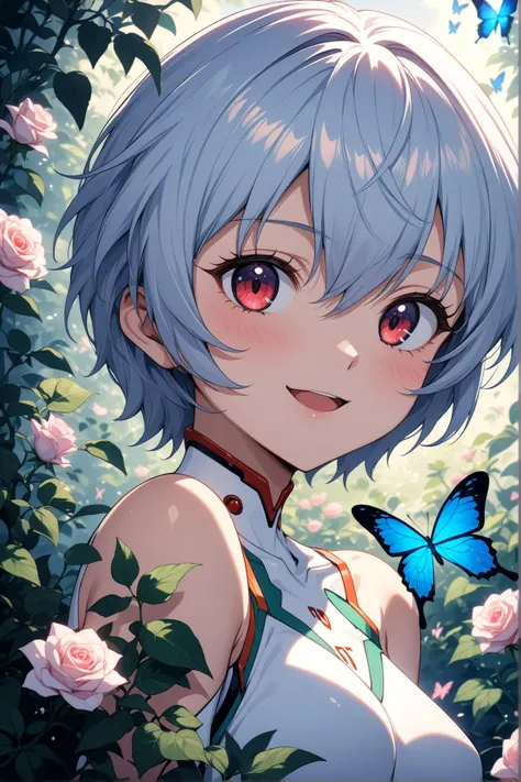 1girl, ayanami rei, evangelion, nose blush, beautiful smile, open mouth, close up, abstract, flower, leaf, vine, garden, butterflies, glowing, iridescent glow, bioluminescent, roses, masterpiece, best quality, very aesthetic, absurdres, newest, intricate details, ai generated, intricate
