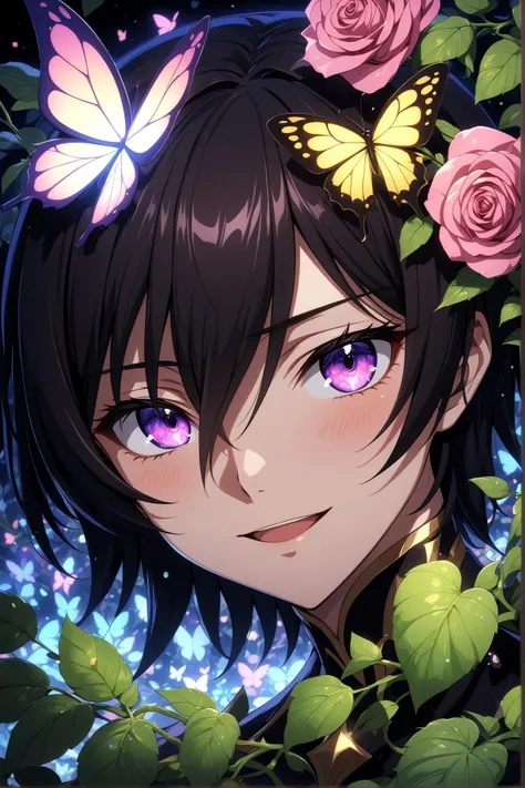lelouch lamperouge, code geass, nose blush, beautiful smile, open mouth, close up, abstract, flower, leaf, vine, garden, butterflies, glowing, iridescent glow, bioluminescent, roses, masterpiece, best quality, very aesthetic, absurdres, newest, intricate details, ai generated, intricate