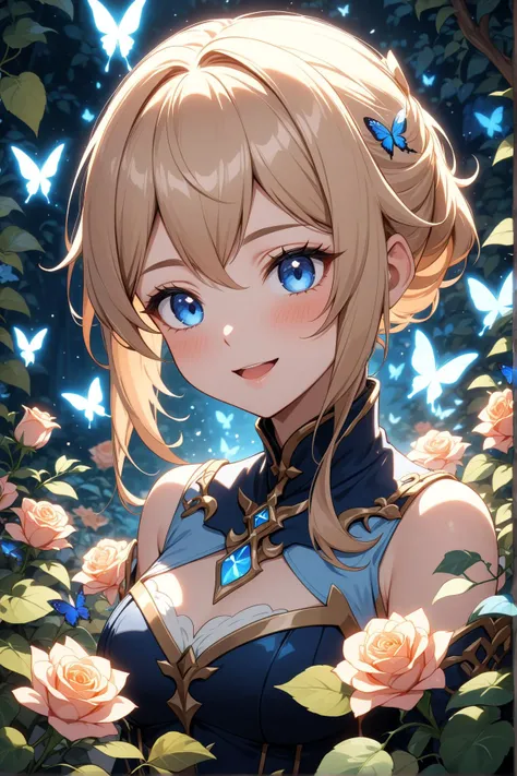 1girl, jean, genshin impact, nose blush, beautiful smile, open mouth, close up, abstract, flower, leaf, vine, garden, butterflies, glowing, iridescent glow, bioluminescent, roses, masterpiece, best quality, very aesthetic, absurdres, newest, intricate details, ai generated, intricate