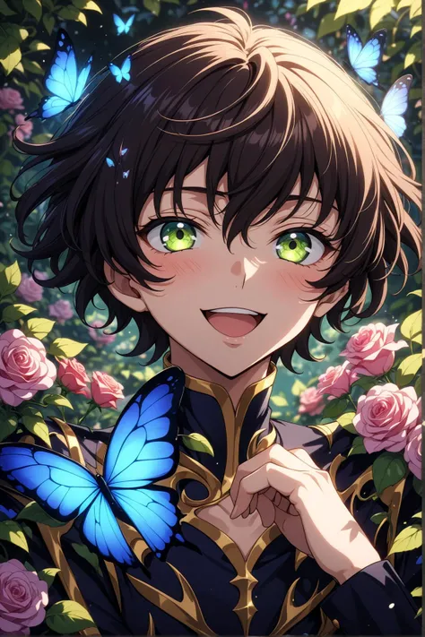 suzaku kururugi, code geass, nose blush, beautiful smile, open mouth, close up, abstract, flower, leaf, vine, garden, butterflies, glowing, iridescent glow, bioluminescent, roses, masterpiece, best quality, very aesthetic, absurdres, newest, intricate details, ai generated, intricate