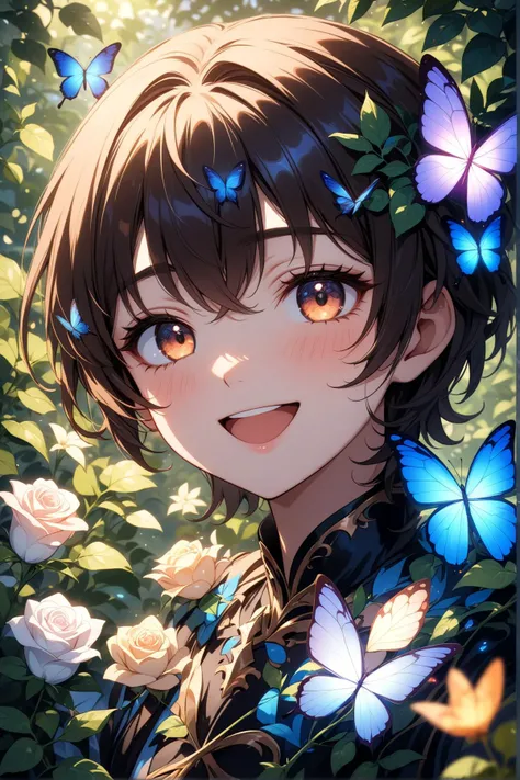 suzaku kururugi, nose blush, beautiful smile, open mouth, close up, abstract, flower, leaf, vine, garden, butterflies, glowing, iridescent glow, bioluminescent, roses, masterpiece, best quality, very aesthetic, absurdres, newest, intricate details, ai generated, intricate