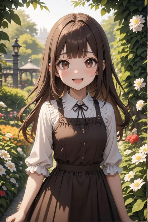 1girl, dark brown eyes, brown hair, blunt bangs, long hair, small breast, beautiful smile, open mouth, garden, looking at the viewer, masterpiece, best quality, very aesthetic, absurdres, newest, intricate details, intricate, ai generated