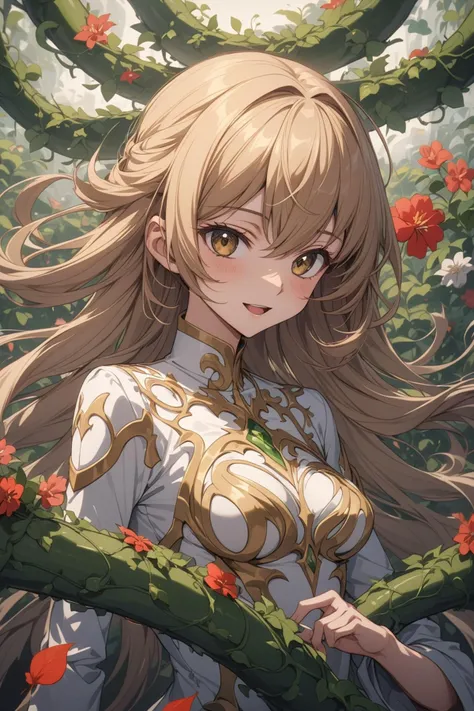 c2, code geass, beautiful smile, open mouth, abstract, flowers, leaves, vines, masterpiece, best quality, very aesthetic, absurdres, newest, intricate details, ai generated, intricate