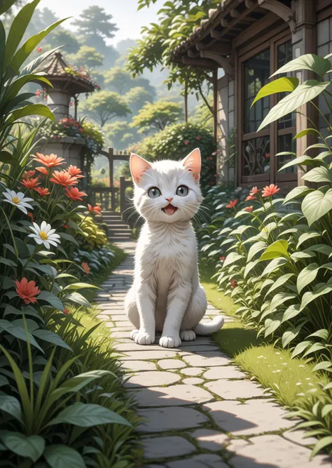scenary, no humans, garden, gray pheasant cat in the distance, sitting, round eyes, looking at viewer, open mouth,
masterpiece, best quality, very aesthetic, absurdres, newest, intricate details, ai generated, intricate