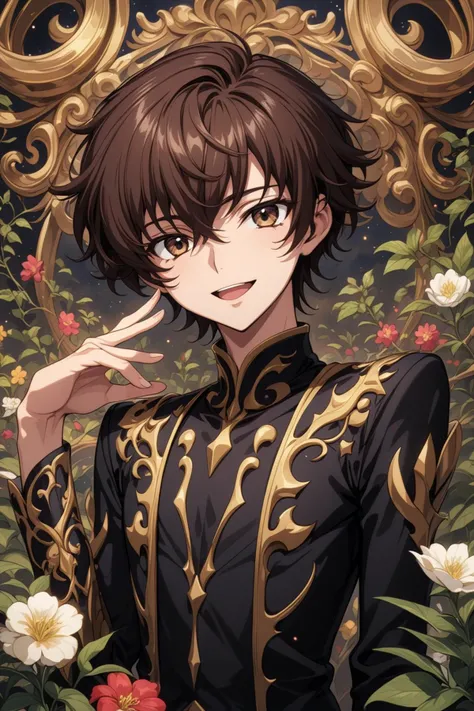 suzaku kururuugi, code geass, beautiful smile, open mouth, abstract, flowers, leaves, vines, masterpiece, best quality, very aesthetic, absurdres, newest, intricate details, ai generated, intricate
