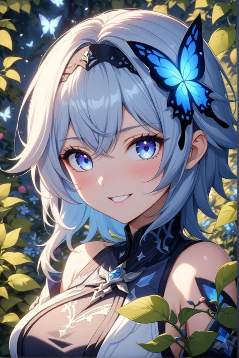 1girl, eula, genshin impact, nose blush, beautiful smile, open mouth, close up, abstract, flower, leaf, vine, garden, butterflies, glowing, iridescent glow, bioluminescent, roses, masterpiece, best quality, very aesthetic, absurdres, newest, intricate details, ai generated, intricate
