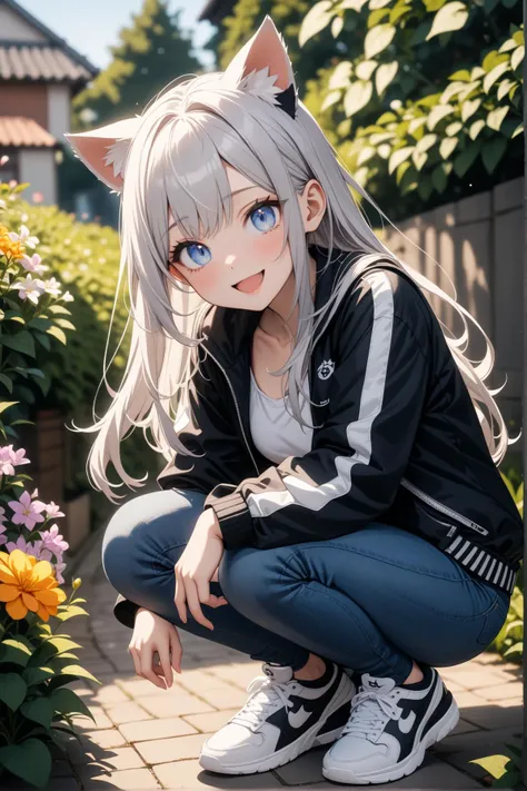 1girl, pale blue eyes, silver hair, cat ears, long hair, small breast, jacket, jeans, sneakers, squatting, beautiful smile, open mouth, garden, looking at the viewer, masterpiece, best quality, very aesthetic, absurdres, newest, intricate details, intricate, ai generated